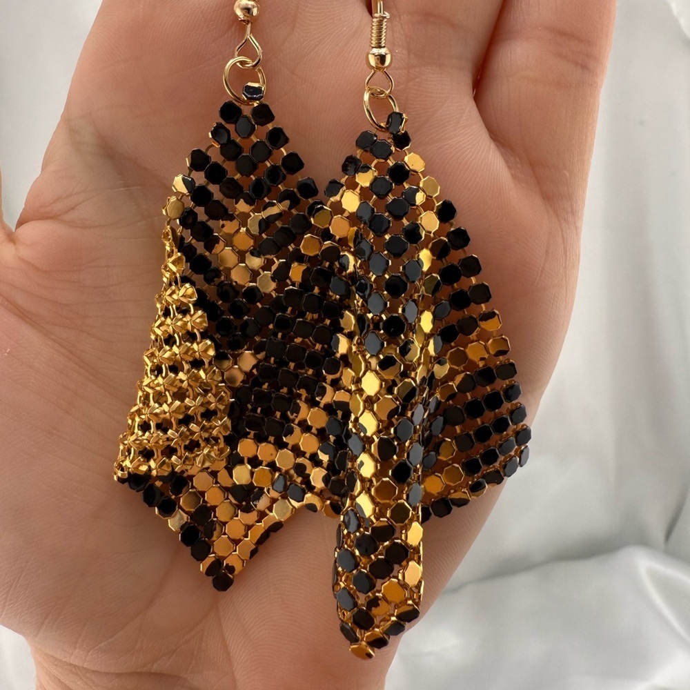 New listing!  Tiger print unique Gold and Black Mesh Earrings